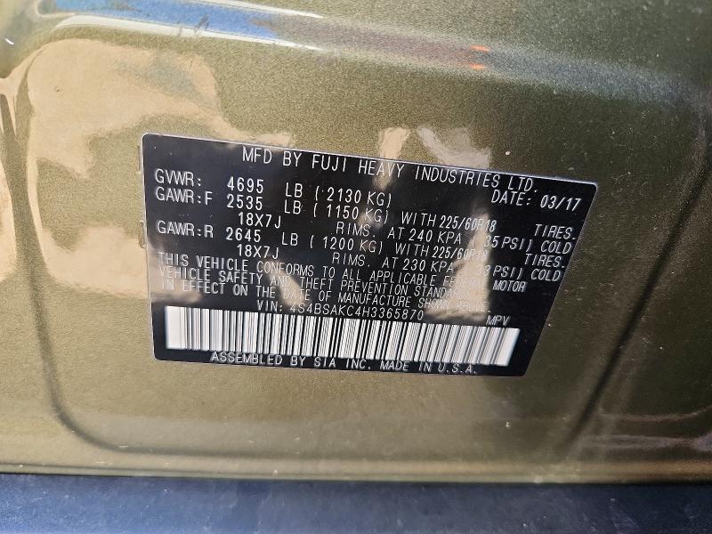 Продажа на аукционе авто 2017 Subaru Outback, vin: 4S4BSAKC4H3365870, номер лота: 55745016