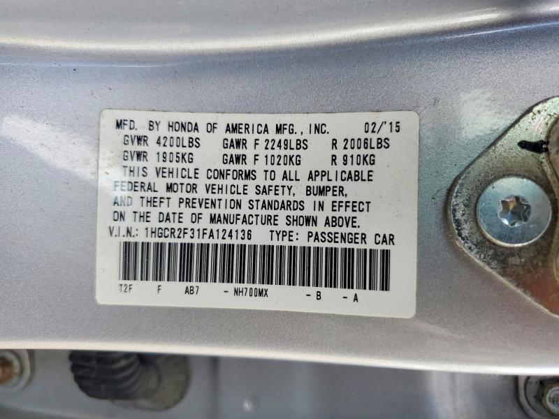 56340286 :رقم المزاد ، 1HGCR2F31FA124136 vin ، 2015 Honda Accord مزاد بيع