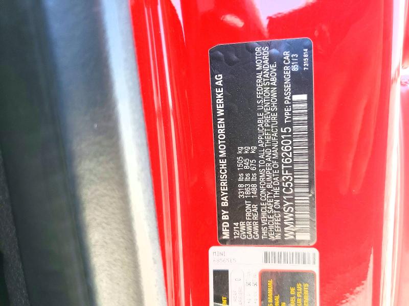 2015 Mini Cooper Roadster მანქანა იყიდება აუქციონზე, vin: WMWSY1C53FT626015, აუქციონის ნომერი: 57944416