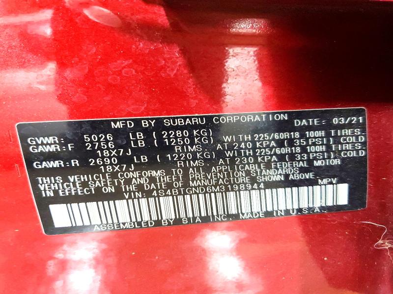 Продажа на аукционе авто 2021 Subaru Outback, vin: 4S4BTGND6M3198944, номер лота: 56250946