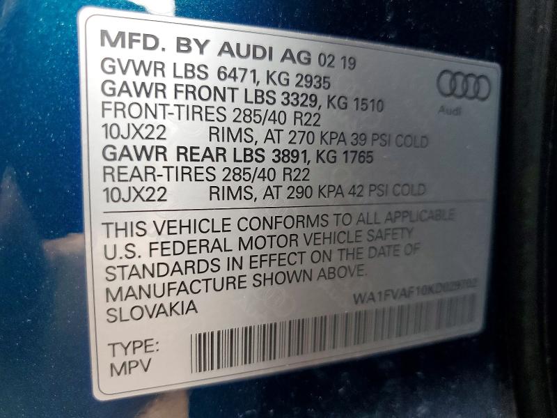 Продаж на аукціоні авто 2019 Audi Q8, vin: WA1FVAF10KD029702, номер лоту: 57379026