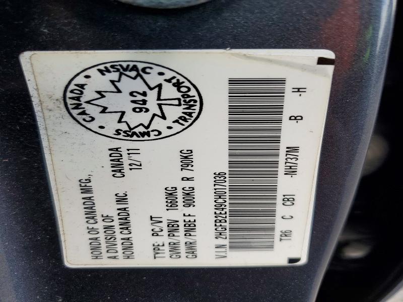 58572546 :رقم المزاد ، 2HGFB2E49CH017036 vin ، 2012 Honda Civic مزاد بيع