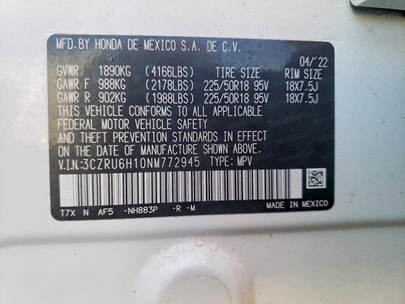 2022 Honda Hr-v მანქანა იყიდება აუქციონზე, vin: 3CZRU6H10NM772945, აუქციონის ნომერი: 58215116