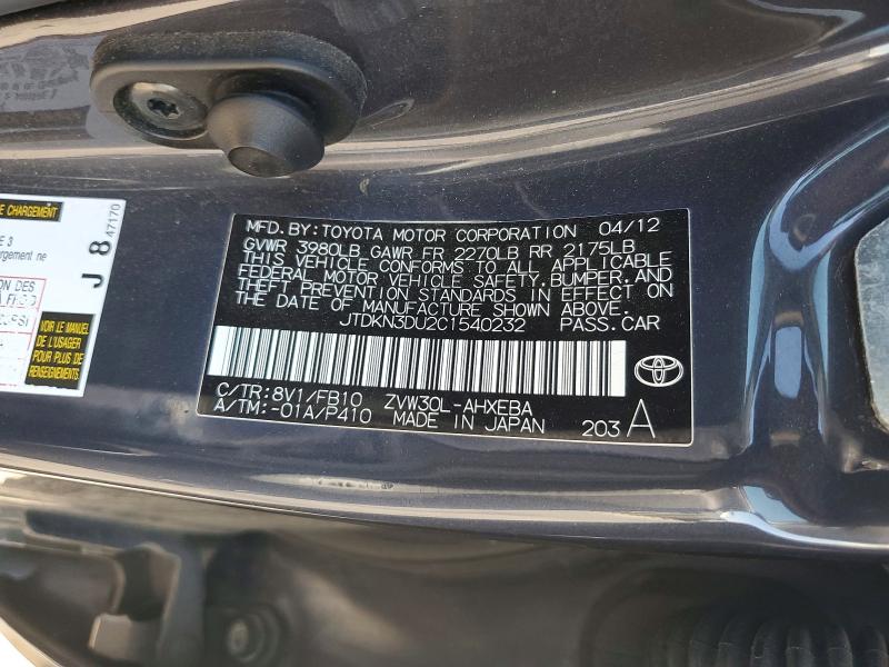 56163256 :رقم المزاد ، JTDKN3DU2C1540232 vin ، 2012 Toyota Prius مزاد بيع