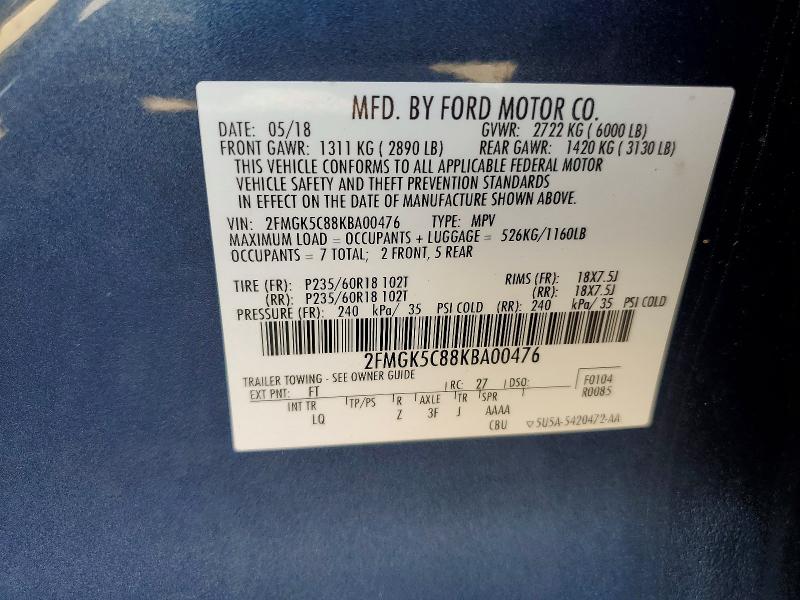 55647146 :رقم المزاد ، 2FMGK5C88KBA00476 vin ، 2019 Ford Flex مزاد بيع