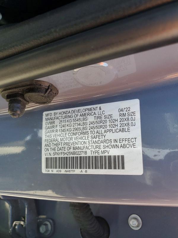 Auction sale of the 2022 Honda Pilot, vin: 5FNYF5H25NB022718, lot number: 55525166