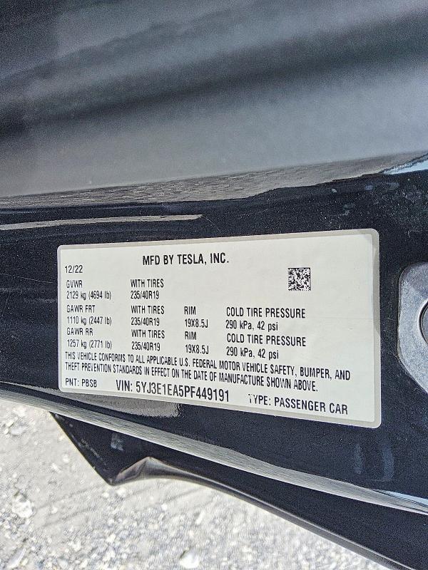 Продаж на аукціоні авто 2023 Tesla Model 3, vin: 5YJ3E1EA5PF449191, номер лоту: 57961686