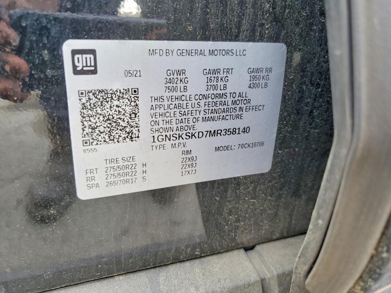 2021 Chevrolet Tahoe მანქანა იყიდება აუქციონზე, vin: 1GNSKSKD7MR358140, აუქციონის ნომერი: 57216666