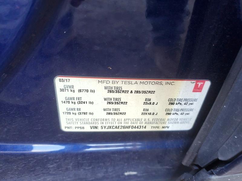 57872186 :رقم المزاد ، 5YJXCAE26HF044314 vin ، 2017 Tesla Model X مزاد بيع