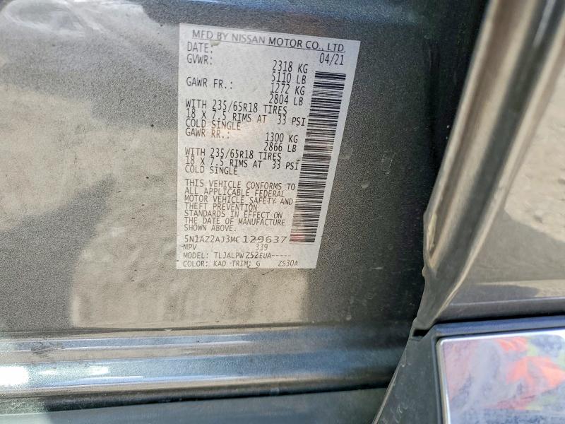 Aukcja sprzedaży 2021 Nissan Murano, vin: 5N1AZ2AJ3MC129637, numer aukcji: 58918516