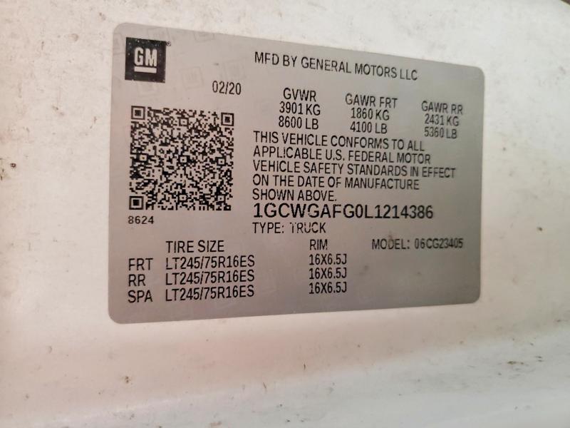 Aukcja sprzedaży 2020 Chevrolet Express 2500, vin: 1GCWGAFG0L1214386, numer aukcji: 56111416