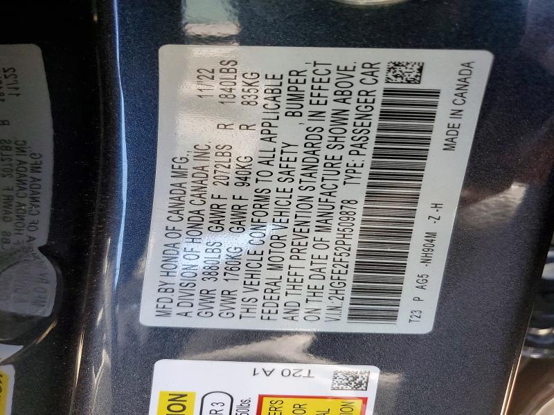 Продажа на аукционе авто 2023 Honda Civic, vin: 2HGFE2F52PH509878, номер лота: 58064546
