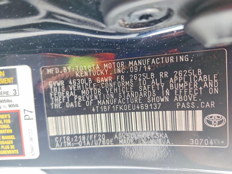 2014 Toyota Camry მანქანა იყიდება აუქციონზე, vin: 4T1BF1FK0EU469137, აუქციონის ნომერი: 58987326