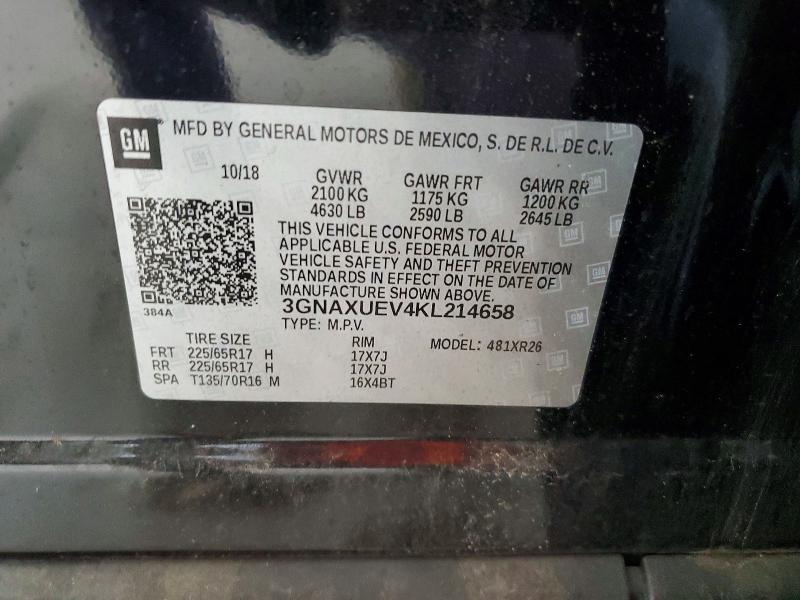 2019 Chevrolet Equinox მანქანა იყიდება აუქციონზე, vin: 3GNAXUEV4KL214658, აუქციონის ნომერი: 59162936