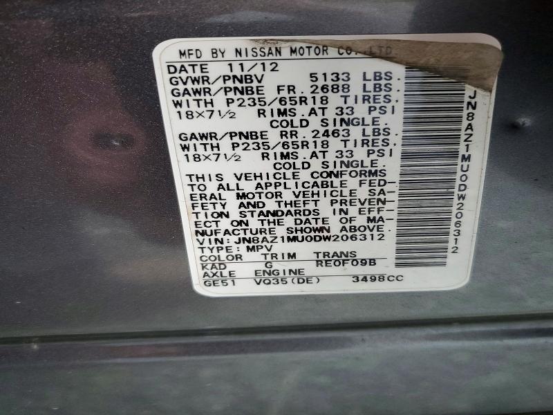 56407286 :رقم المزاد ، JN8AZ1MU0DW206312 vin ، 2013 Nissan Murano مزاد بيع