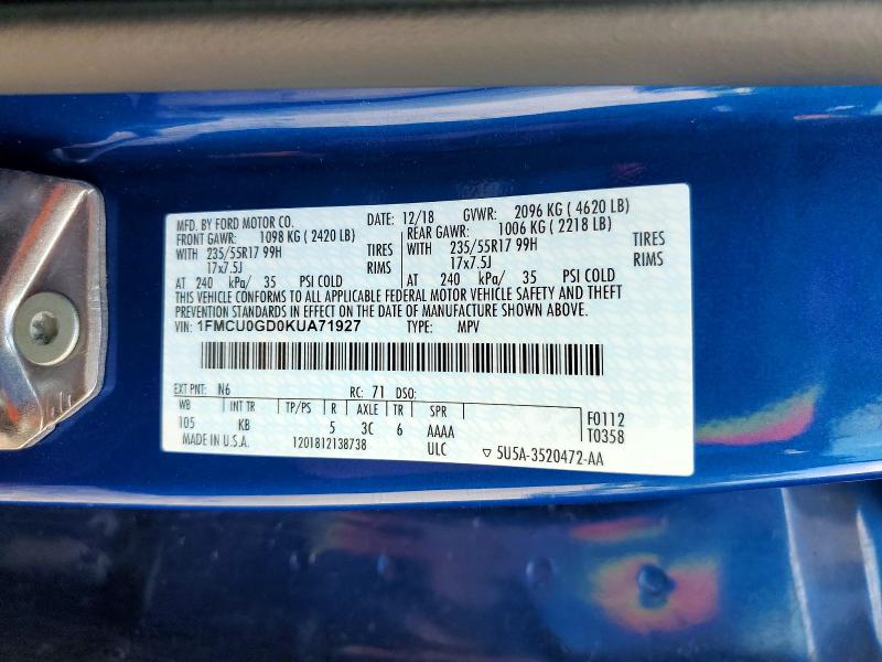 57160486 :رقم المزاد ، 1FMCU0GD0KUA71927 vin ، 2019 Ford Escape مزاد بيع
