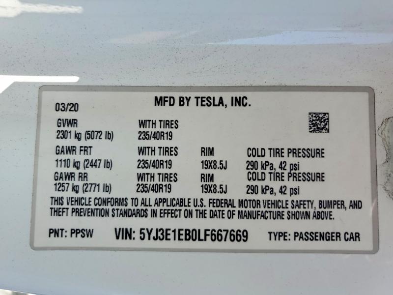 Aukcja sprzedaży 2020 Tesla Model 3, vin: 5YJ3E1EB0LF667669, numer aukcji: 57932656