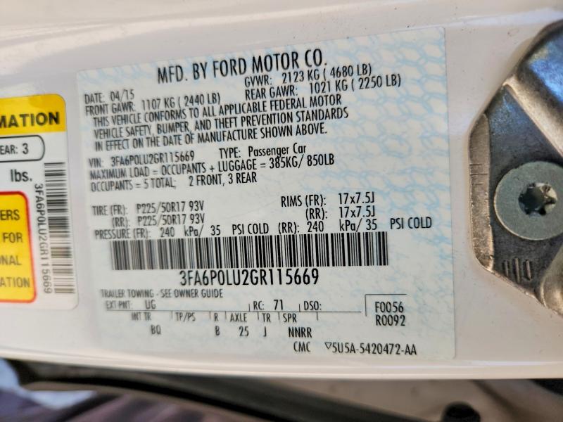 Aukcja sprzedaży 2016 Ford Fusion, vin: 3FA6P0LU2GR115669, numer aukcji: 55800276