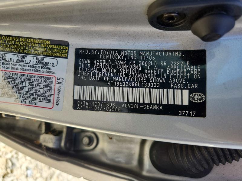 Auction sale of the 2006 Toyota Camry, vin: 4T1BE32K86U139333, lot number: 58998806