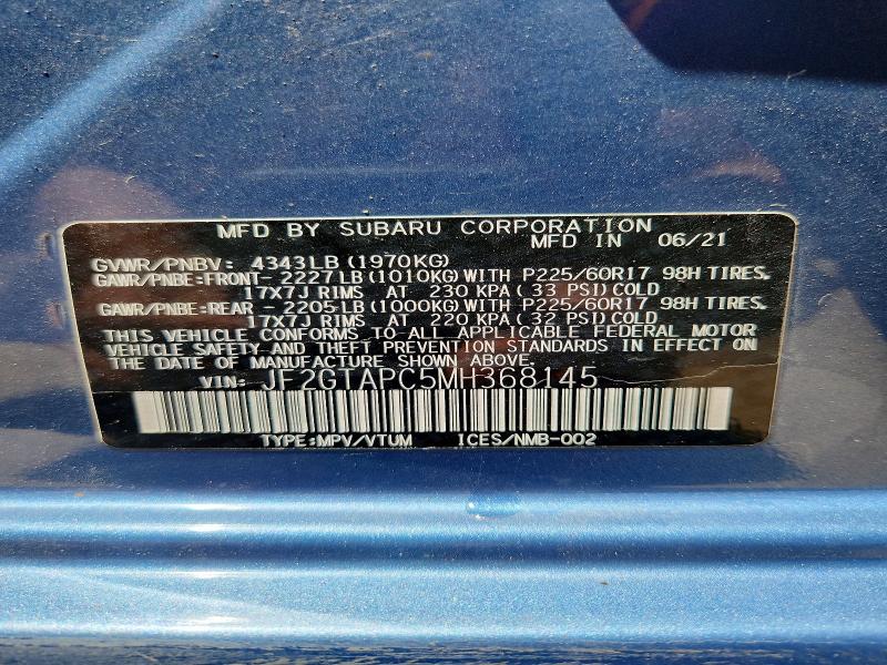 55127706 :رقم المزاد ، JF2GTAPC5MH368145 vin ، 2021 Subaru Crosstrek مزاد بيع