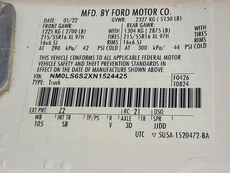 Продаж на аукціоні авто 2022 Ford Transit Connect, vin: NM0LS6S2XN1524425, номер лоту: 55328776