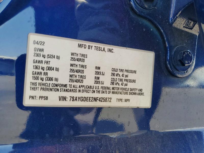 Aukcja sprzedaży 2022 Tesla Model Y, vin: 7SAYGDEE2NF425872, numer aukcji: 56199256