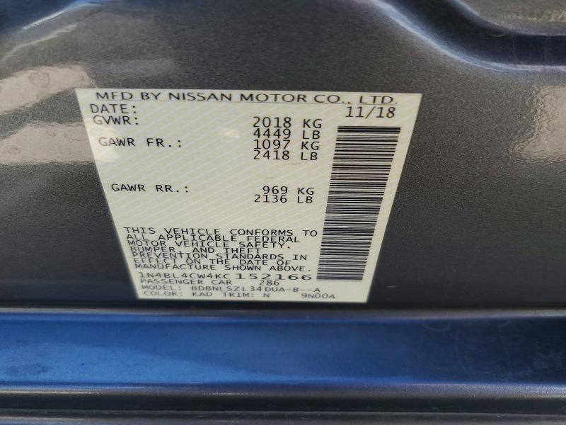 2019 Nissan Altima მანქანა იყიდება აუქციონზე, vin: 1N4BL4CW4KC152166, აუქციონის ნომერი: 56756836