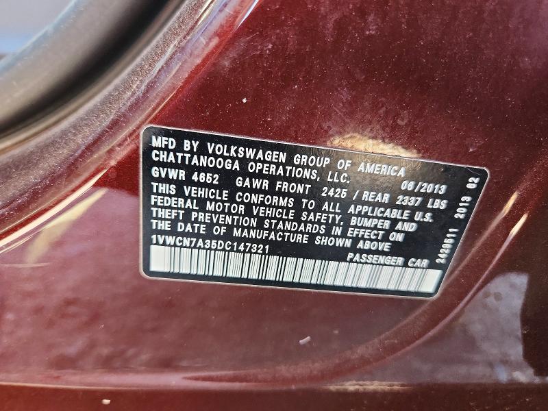Продажа на аукционе авто 2013 Volkswagen Passat, vin: 1VWCN7A35DC147321, номер лота: 59591716