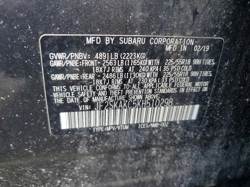 57145956 :رقم المزاد ، JF2SKAKC5KH510298 vin ، 2019 Subaru Forester مزاد بيع