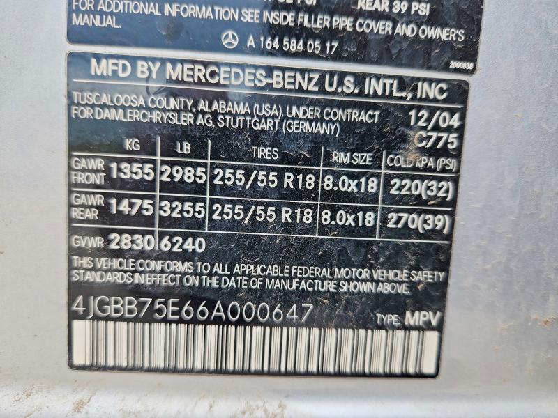 Продажа на аукционе авто 2006 Mercedes-benz Ml, vin: 4JGBB75E66A000647, номер лота: 57149996