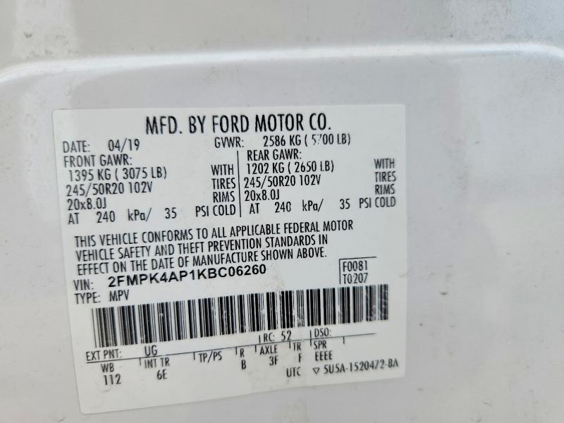 Aukcja sprzedaży 2019 Ford Edge, vin: 2FMPK4AP1KBC06260, numer aukcji: 56046676