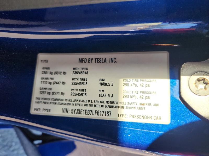 56658326 :رقم المزاد ، 5YJ3E1EB7LF617187 vin ، 2020 Tesla Model 3 مزاد بيع