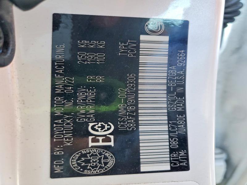 56265936 :رقم المزاد ، 58AFZ1B19NU129306 vin ، 2022 Lexus Es 350 مزاد بيع