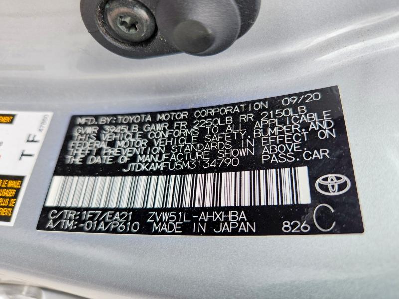 2021 Toyota Prius მანქანა იყიდება აუქციონზე, vin: JTDKAMFU5M3134790, აუქციონის ნომერი: 59017506