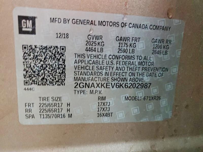 57514736 :رقم المزاد ، 2GNAXKEV6K6202987 vin ، 2019 Chevrolet Equinox مزاد بيع