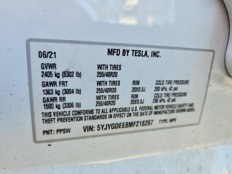 Aukcja sprzedaży 2021 Tesla Model Y, vin: 5YJYGDEE8MF218267, numer aukcji: 57377156
