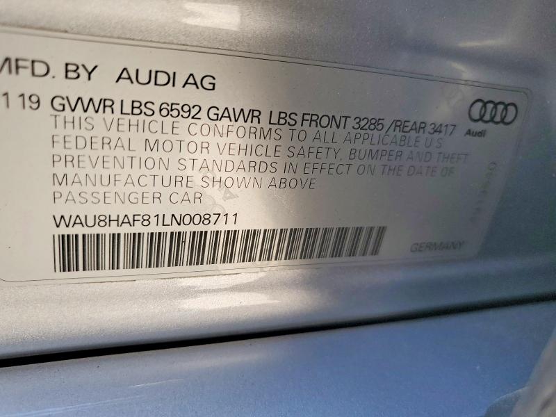 Aukcja sprzedaży 2020 Audi A8, vin: WAU8HAF81LN008711, numer aukcji: 57750056