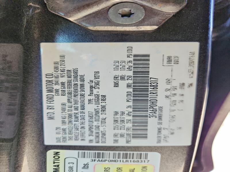 Aukcja sprzedaży 2020 Ford Fusion, vin: 3FA6P0HD1LR168317, numer aukcji: 58848146