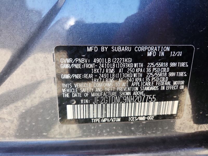 56142926 :رقم المزاد ، JF2GTDNC9NH207755 vin ، 2022 Subaru Crosstrek مزاد بيع