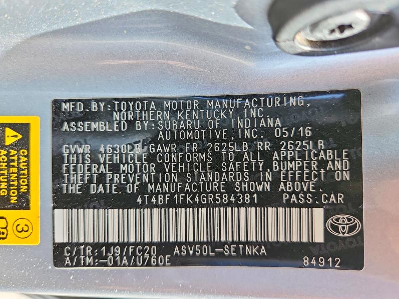 Aukcja sprzedaży 2016 Toyota Camry, vin: 4T4BF1FK4GR584381, numer aukcji: 57747246