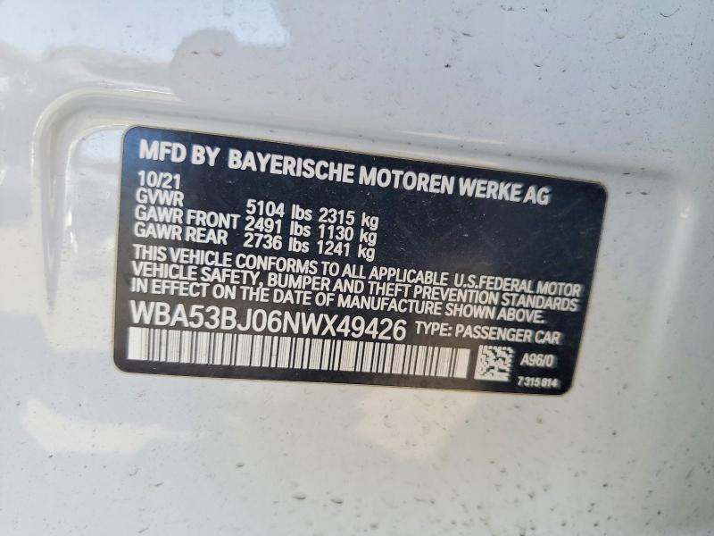 55939326 :رقم المزاد ، WBA53BJ06NWX49426 vin ، 2022 Bmw 540 مزاد بيع