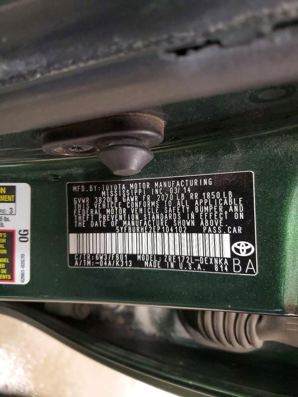 Aukcja sprzedaży 2014 Toyota Corolla, vin: 5YFBURHE2EP104102, numer aukcji: 56986426