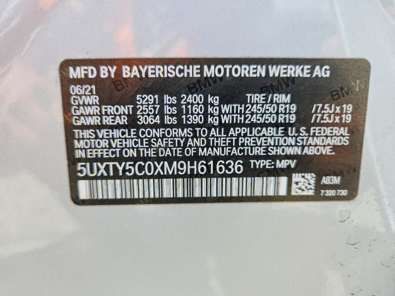 2021 Bmw X3 მანქანა იყიდება აუქციონზე, vin: 5UXTY5C0XM9H61636, აუქციონის ნომერი: 58079736
