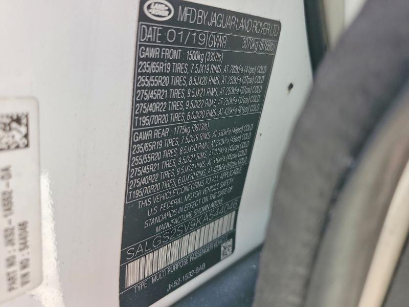 2019 Land Rover Range Rover მანქანა იყიდება აუქციონზე, vin: SALGS2SV9KA544046, აუქციონის ნომერი: 56361086