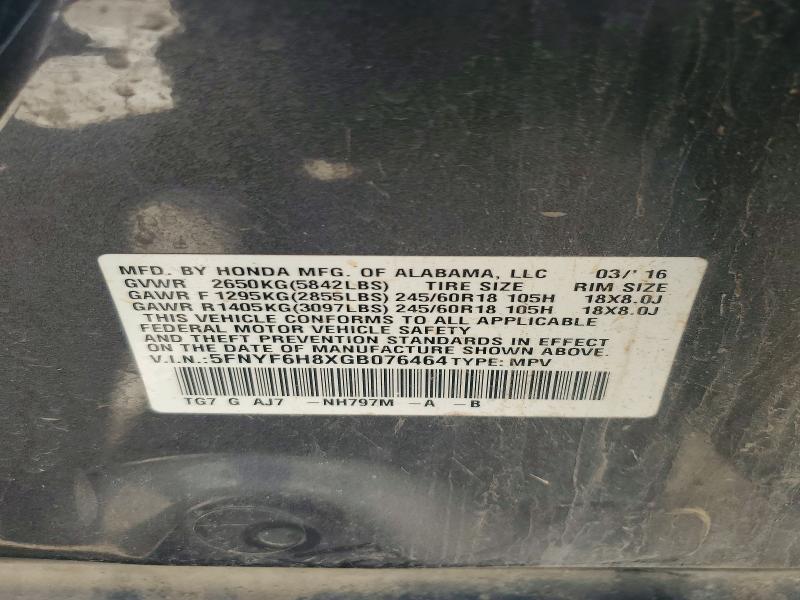 2016 Honda Pilot მანქანა იყიდება აუქციონზე, vin: 5FNYF6H8XGB076464, აუქციონის ნომერი: 56749916