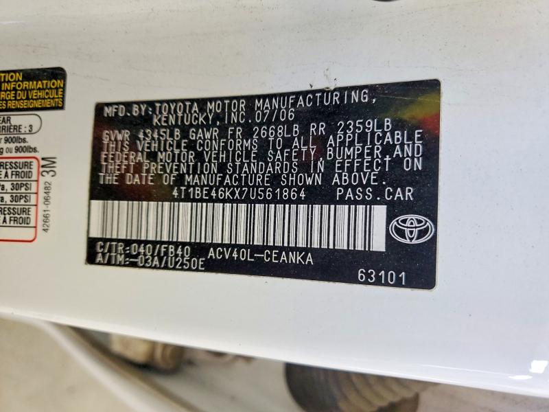 Продажа на аукционе авто 2007 Toyota Camry, vin: 4T1BE46KX7U561864, номер лота: 56772136
