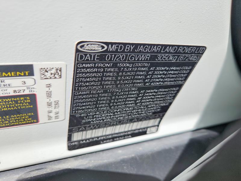 2020 Land Rover Range Rover Sport მანქანა იყიდება აუქციონზე, vin: SALWS2RU5LA722643, აუქციონის ნომერი: 58493506