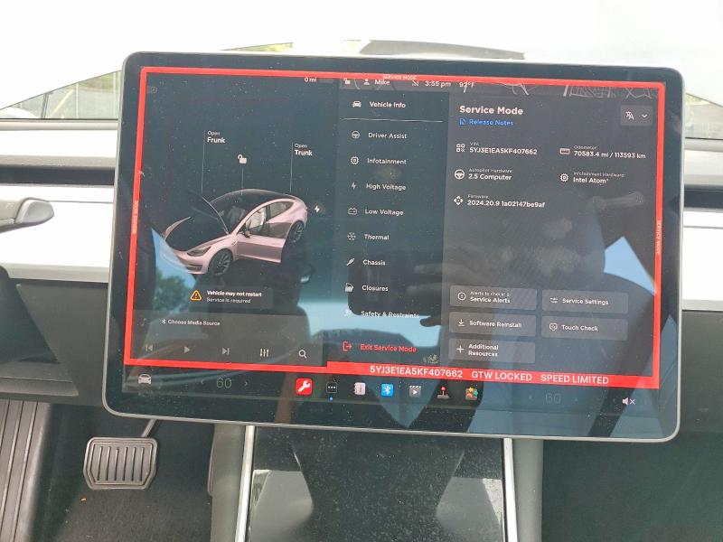 58085666 :رقم المزاد ، 5YJ3E1EA5KF407662 vin ، 2019 Tesla 3 مزاد بيع