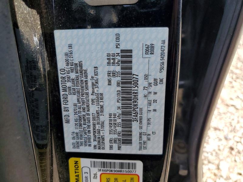 Auction sale of the 2017 Ford Fusion, vin: 3FA6P0K90HR150077, lot number: 56852316