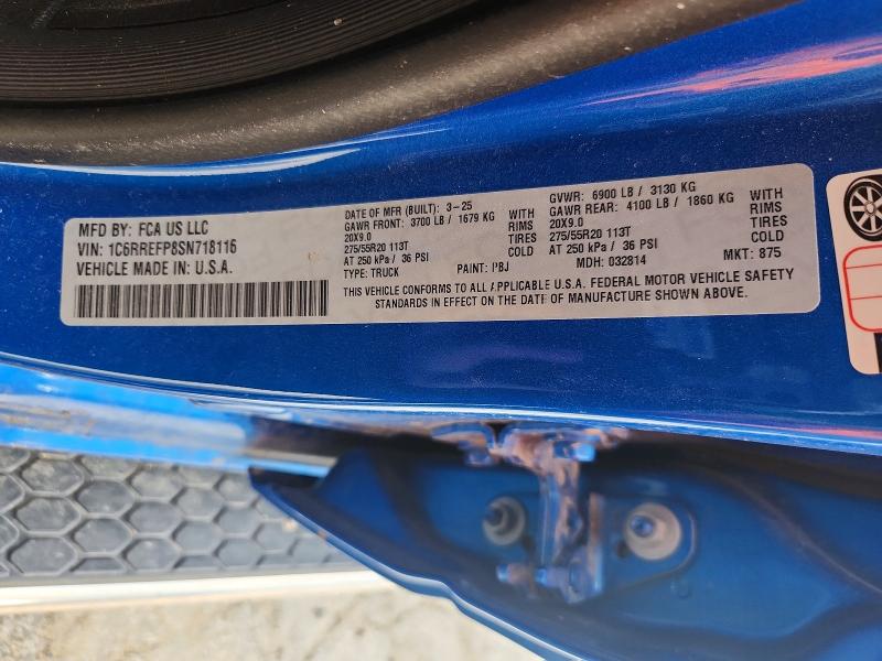 2025 Ram 1500 მანქანა იყიდება აუქციონზე, vin: 1C6RREFP8SN718116, აუქციონის ნომერი: 59110466